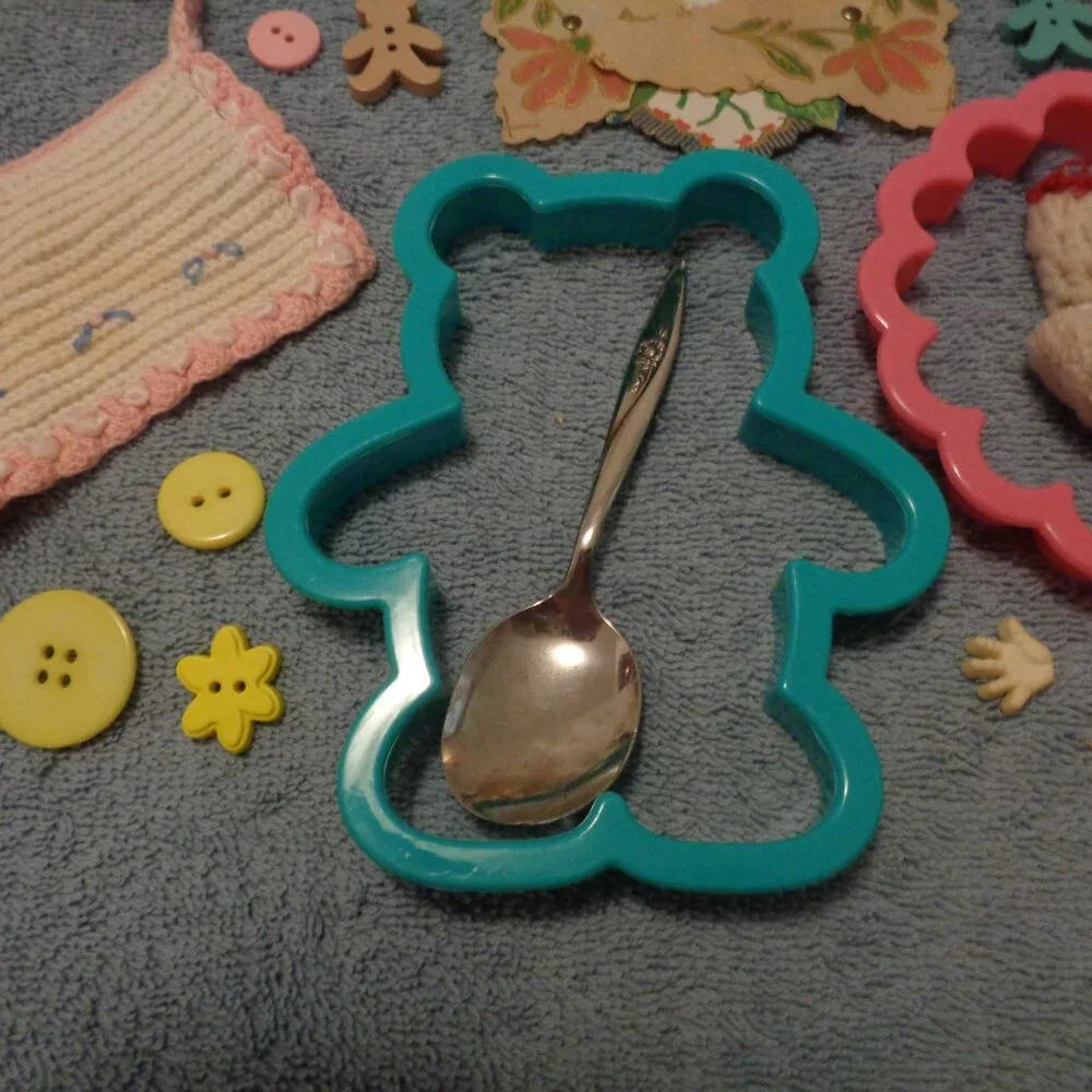 VINTAGE DOLL BIB, OLD VALENTINE, BABY SPOON, STOCKING, COOKIE CUTT, BUTTONS LOT